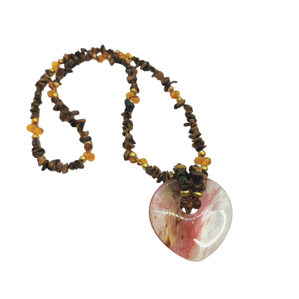 Boho 29in Tigers Eye‎ Beaded Pink Resin Pendant Statement Jewelry Necklace